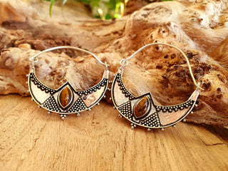 Tiger's Eye Silver Spiky Hoop Earrings Ethnic, rustic, yoga, hippie, gypsy, pretty, psy, boho, bohemian, festival