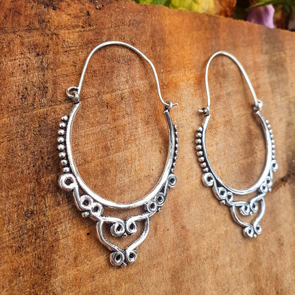 Large Ethnic Silver Hoop Earrings; Ethnic, Geometric, Rustic, Yoga, Hippie, Gypsy, Pretty, Psy, Boho, Bohemian, Festival