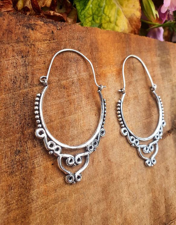 Large Ethnic Silver Hoop Earrings; Ethnic, Geometric, Rustic, Yoga, Hippie, Gypsy, Pretty, Psy, Boho, Bohemian, Festival