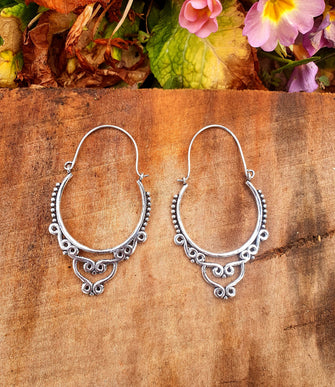 Large Ethnic Silver Hoop Earrings; Ethnic, Geometric, Rustic, Yoga, Hippie, Gypsy, Pretty, Psy, Boho, Bohemian, Festival