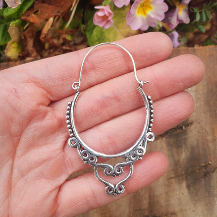 Large Ethnic Silver Hoop Earrings; Ethnic, Geometric, Rustic, Yoga, Hippie, Gypsy, Pretty, Psy, Boho, Bohemian, Festival