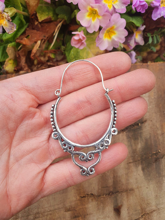 Large Ethnic Silver Hoop Earrings; Ethnic, Geometric, Rustic, Yoga, Hippie, Gypsy, Pretty, Psy, Boho, Bohemian, Festival