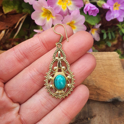 Ethnic Turquoise Brass Drop Dangle earrings / Birth Stone / Ethnic / rustic, yoga, hippie, gypsy, pretty, psy, boho, bohemian, festival