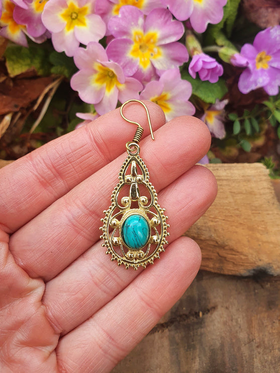 Ethnic Turquoise Brass Drop Dangle earrings / Birth Stone / Ethnic / rustic, yoga, hippie, gypsy, pretty, psy, boho, bohemian, festival