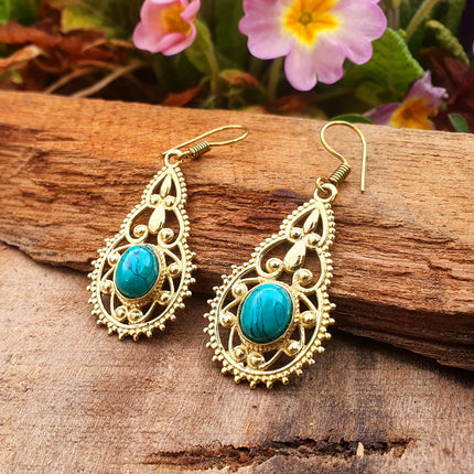 Ethnic Turquoise Brass Drop Dangle earrings / Birth Stone / Ethnic / rustic, yoga, hippie, gypsy, pretty, psy, boho, bohemian, festival