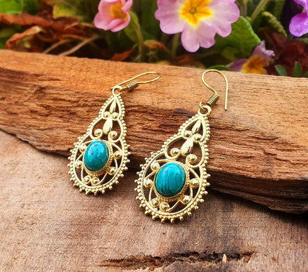 Ethnic Turquoise Brass Drop Dangle earrings / Birth Stone / Ethnic / rustic, yoga, hippie, gypsy, pretty, psy, boho, bohemian, festival