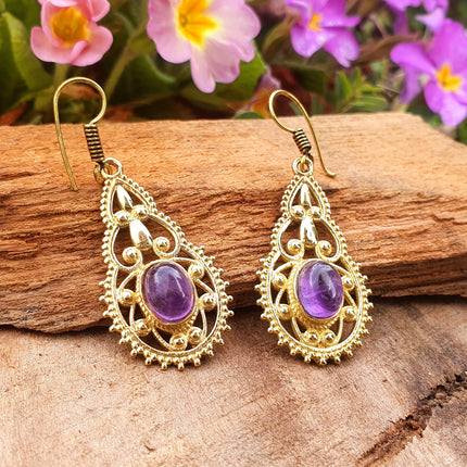 Amethyst Dangle pendant earrings Ethnic, rustic, yoga, hippie, gypsy, pretty, psy, boho, bohemian, festival