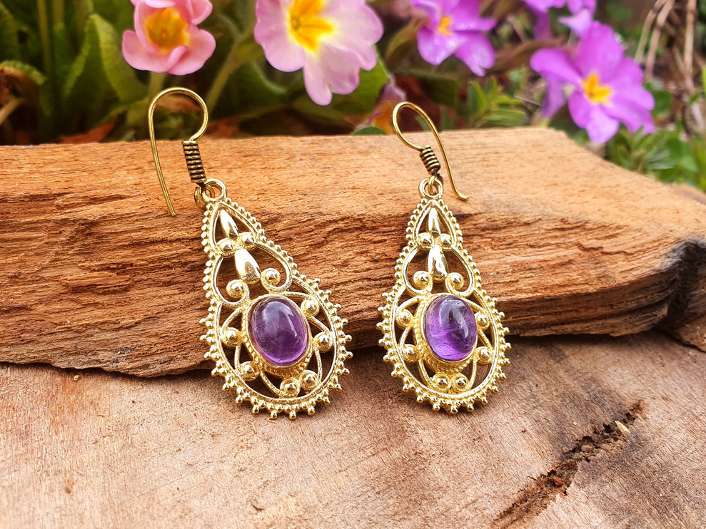 Amethyst Dangle pendant earrings Ethnic, rustic, yoga, hippie, gypsy, pretty, psy, boho, bohemian, festival