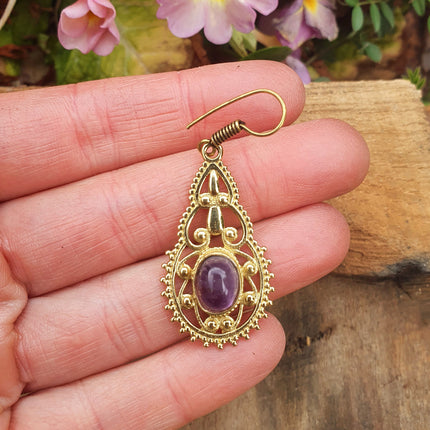 Amethyst Dangle pendant earrings Ethnic, rustic, yoga, hippie, gypsy, pretty, psy, boho, bohemian, festival