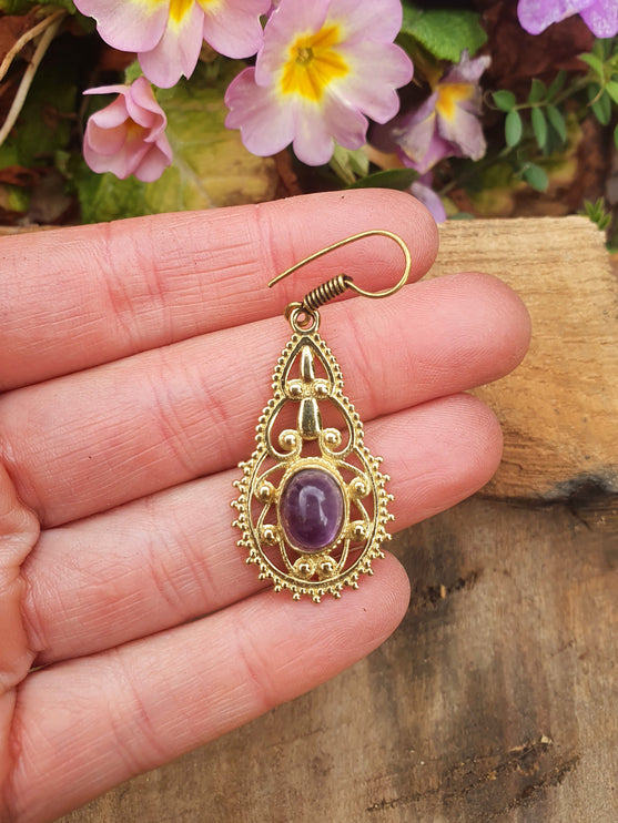 Amethyst Dangle pendant earrings Ethnic, rustic, yoga, hippie, gypsy, pretty, psy, boho, bohemian, festival