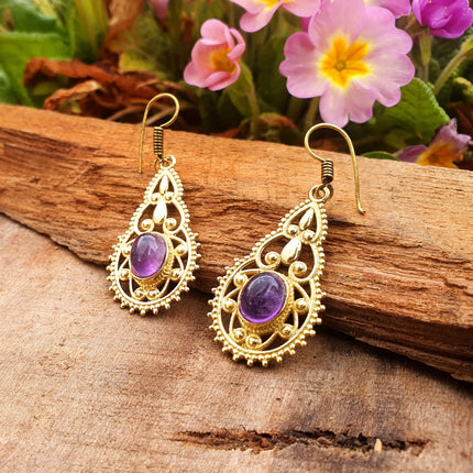 Amethyst Dangle pendant earrings Ethnic, rustic, yoga, hippie, gypsy, pretty, psy, boho, bohemian, festival