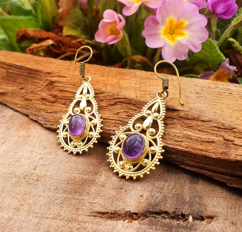 Amethyst Dangle pendant earrings Ethnic, rustic, yoga, hippie, gypsy, pretty, psy, boho, bohemian, festival