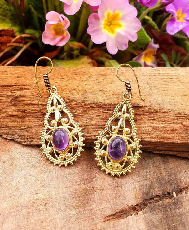 Amethyst Dangle pendant earrings Ethnic, rustic, yoga, hippie, gypsy, pretty, psy, boho, bohemian, festival