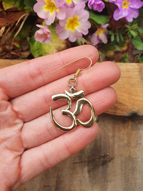 Ohm Yoga Om Boho Pendant Brass Earrings; Ethnic, Geometric, Small, Rustic, Yoga, Hippie, Gypsy, Pretty, Ssy, Boho, Bohemian, Festival