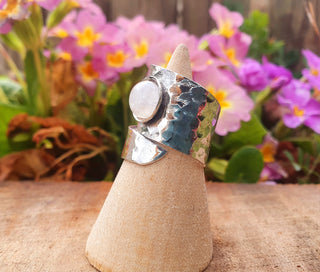 Hammered Silver Moonstone Ring, Adjustable Boho Ring for Women