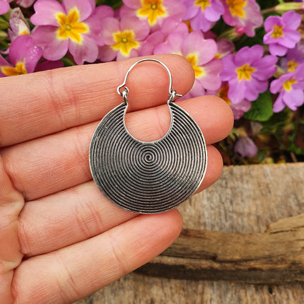 Geometric Silver Spiral Earrings; Boho Ethnic Rustic Indian Festival Psy Gypsy Spiral Hippie Tribal style