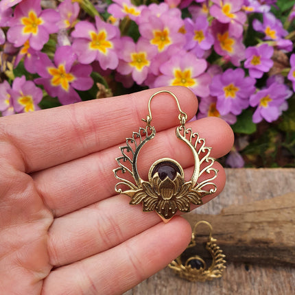 Golden Lotus Flower Amethyst Earrings rustic, yoga, hippie, gypsy, pretty, psy, boho, bohemian, festival