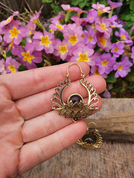 Golden Lotus Flower Amethyst Earrings rustic, yoga, hippie, gypsy, pretty, psy, boho, bohemian, festival