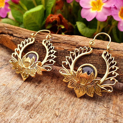 Golden Lotus Flower Amethyst Earrings rustic, yoga, hippie, gypsy, pretty, psy, boho, bohemian, festival