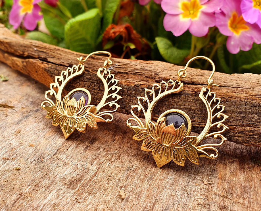 Golden Lotus Flower Amethyst Earrings rustic, yoga, hippie, gypsy, pretty, psy, boho, bohemian, festival