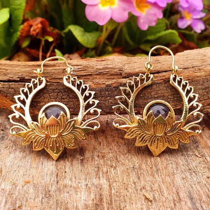 Golden Lotus Flower Amethyst Earrings rustic, yoga, hippie, gypsy, pretty, psy, boho, bohemian, festival