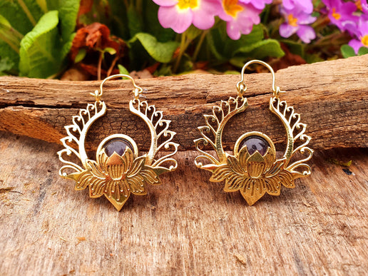 Golden Lotus Flower Amethyst Earrings rustic, yoga, hippie, gypsy, pretty, psy, boho, bohemian, festival