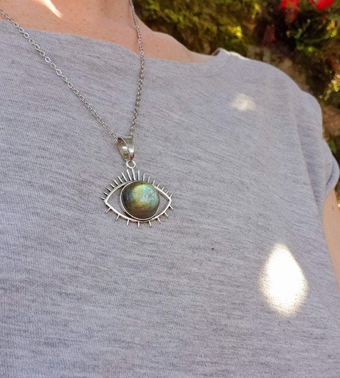 Silver Eye of Protection Necklace / Labradorite / Third Eye / Hypoallergenic / Brass / Boho / Inca / Ethnic / Hypoallergenic / Illuminati