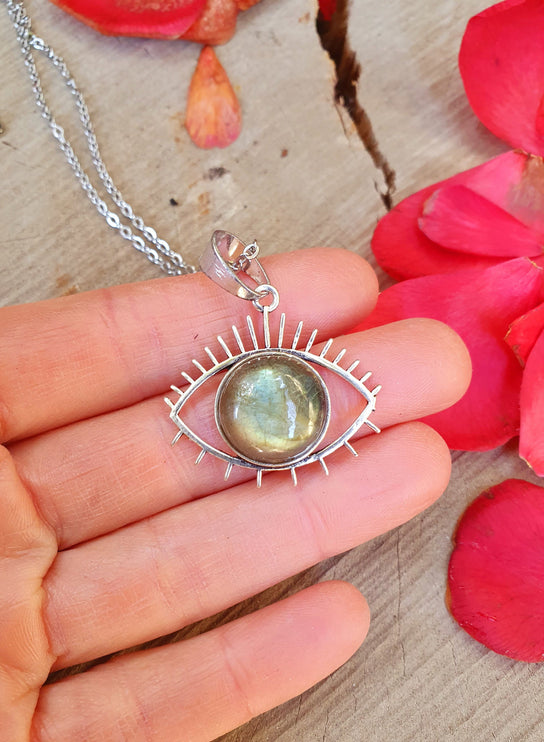 Silver Eye of Protection Necklace / Labradorite / Third Eye / Hypoallergenic / Brass / Boho / Inca / Ethnic / Hypoallergenic / Illuminati