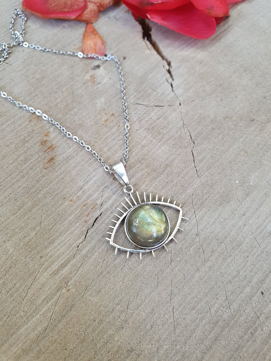 Silver Eye of Protection Necklace / Labradorite / Third Eye / Hypoallergenic / Brass / Boho / Inca / Ethnic / Hypoallergenic / Illuminati