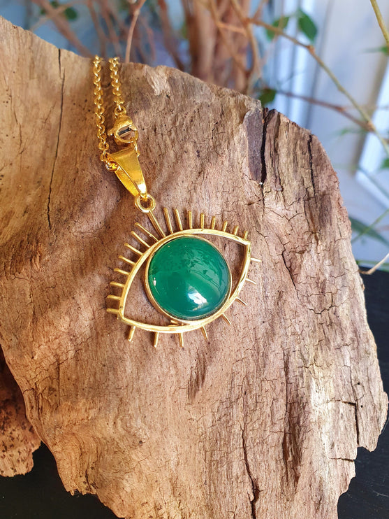 Golden Evil Eye Necklace / Green Onyx / Stainless Steel Chain / Stone / Ethnic / Hypoallergenic / Third Eye / Illuminati