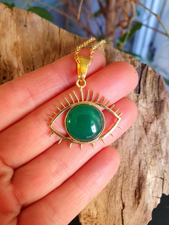 Golden Evil Eye Necklace / Green Onyx / Stainless Steel Chain / Stone / Ethnic / Hypoallergenic / Third Eye / Illuminati