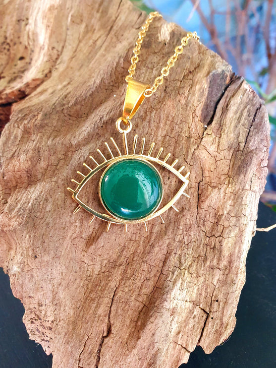 Golden Evil Eye Necklace / Green Onyx / Stainless Steel Chain / Stone / Ethnic / Hypoallergenic / Third Eye / Illuminati