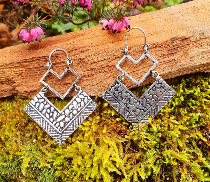 Ethnic Silver Dangle Earrings / Illuminati / Mandala / Geometric / Rustic / Hippie / Gypsy / Psy / Boho / Bohemian /