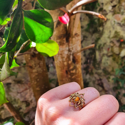 Gold Lotus Flower Ring / Tiger Eye / Boho / Ethnic / Rustic / Tribal / Gypsy / Festival / Indian / Healing / Festival