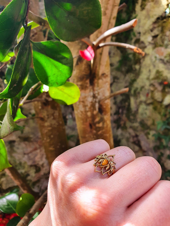 Gold Lotus Flower Ring / Tiger Eye / Boho / Ethnic / Rustic / Tribal / Gypsy / Festival / Indian / Healing / Festival