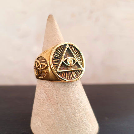 Golden Eye of Providence Ring / Mens Ring / Illuminati / Signet Ring / Third Eye / Boho / Ethnic / Rustic / Gypsy / Psy / Thumb / Psy