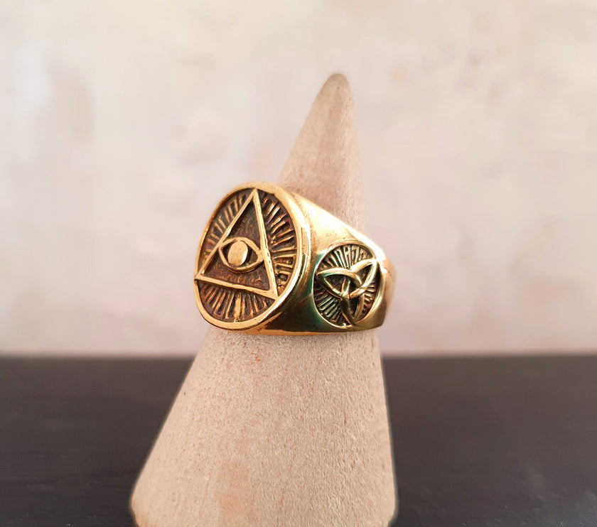 Golden Eye of Providence Ring / Mens Ring / Illuminati / Signet Ring / Third Eye / Boho / Ethnic / Rustic / Gypsy / Psy / Thumb / Psy