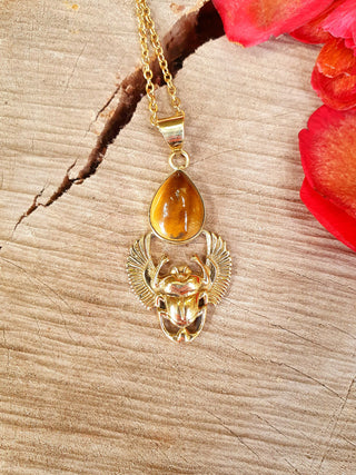 Golden Scarab Necklace / Tiger Eye / Talisman / Third Eye / Hypoallergenic / Brass / Boho / Inca / Ethnic / Illuminati