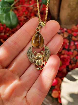 Golden Scarab Necklace / Tiger Eye / Talisman / Third Eye / Hypoallergenic / Brass / Boho / Inca / Ethnic / Illuminati