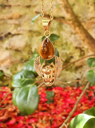 Golden Scarab Necklace / Tiger Eye / Talisman / Third Eye / Hypoallergenic / Brass / Boho / Inca / Ethnic / Illuminati