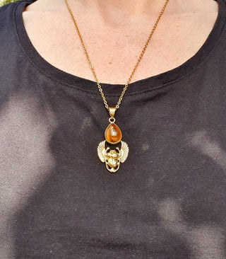 Golden Scarab Necklace / Tiger Eye / Talisman / Third Eye / Hypoallergenic / Brass / Boho / Inca / Ethnic / Illuminati