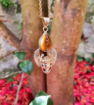 Golden Scarab Necklace / Tiger Eye / Talisman / Third Eye / Hypoallergenic / Brass / Boho / Inca / Ethnic / Illuminati