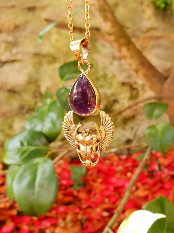 Golden Scarab Necklace / Amethyst / Talisman / Third Eye / Hypoallergenic / Brass / Boho / Inca / Ethnic / Illuminati