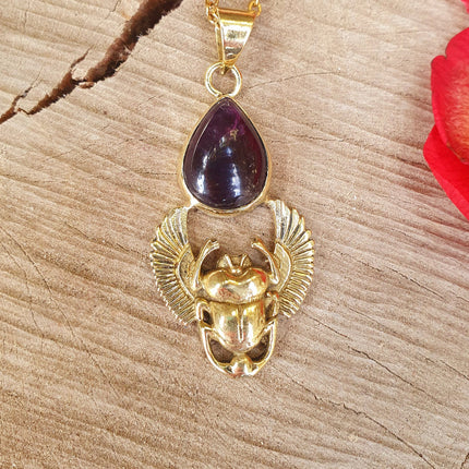 Golden Scarab Necklace / Amethyst / Talisman / Third Eye / Hypoallergenic / Brass / Boho / Inca / Ethnic / Illuminati