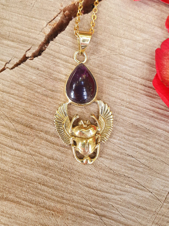 Golden Scarab Necklace / Amethyst / Talisman / Third Eye / Hypoallergenic / Brass / Boho / Inca / Ethnic / Illuminati