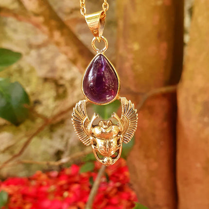 Golden Scarab Necklace / Amethyst / Talisman / Third Eye / Hypoallergenic / Brass / Boho / Inca / Ethnic / Illuminati