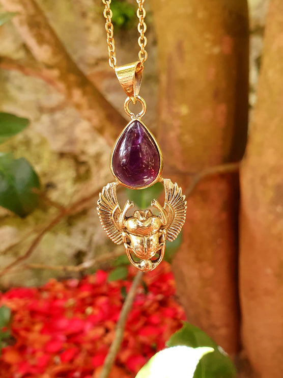 Golden Scarab Necklace / Amethyst / Talisman / Third Eye / Hypoallergenic / Brass / Boho / Inca / Ethnic / Illuminati