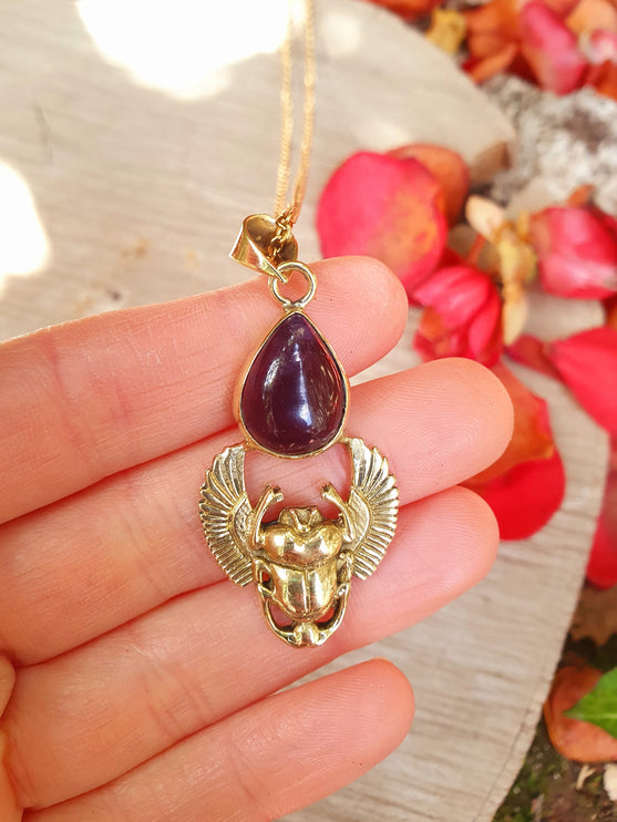 Golden Scarab Necklace / Amethyst / Talisman / Third Eye / Hypoallergenic / Brass / Boho / Inca / Ethnic / Illuminati