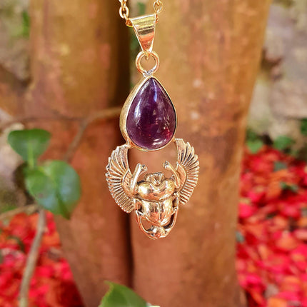 Golden Scarab Necklace / Amethyst / Talisman / Third Eye / Hypoallergenic / Brass / Boho / Inca / Ethnic / Illuminati