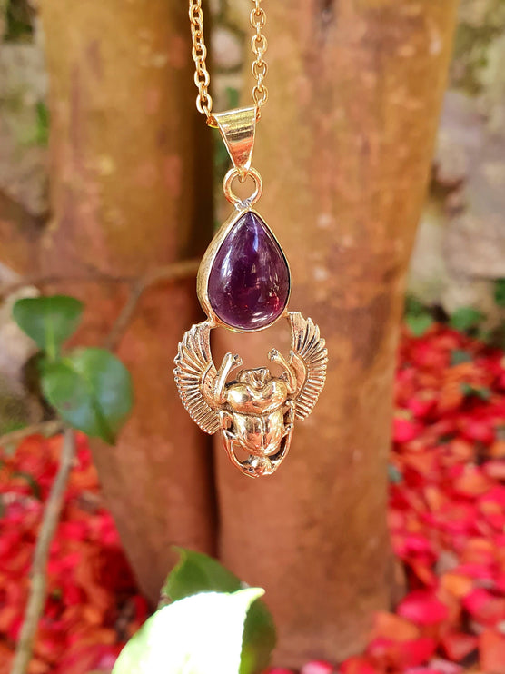 Golden Scarab Necklace / Amethyst / Talisman / Third Eye / Hypoallergenic / Brass / Boho / Inca / Ethnic / Illuminati